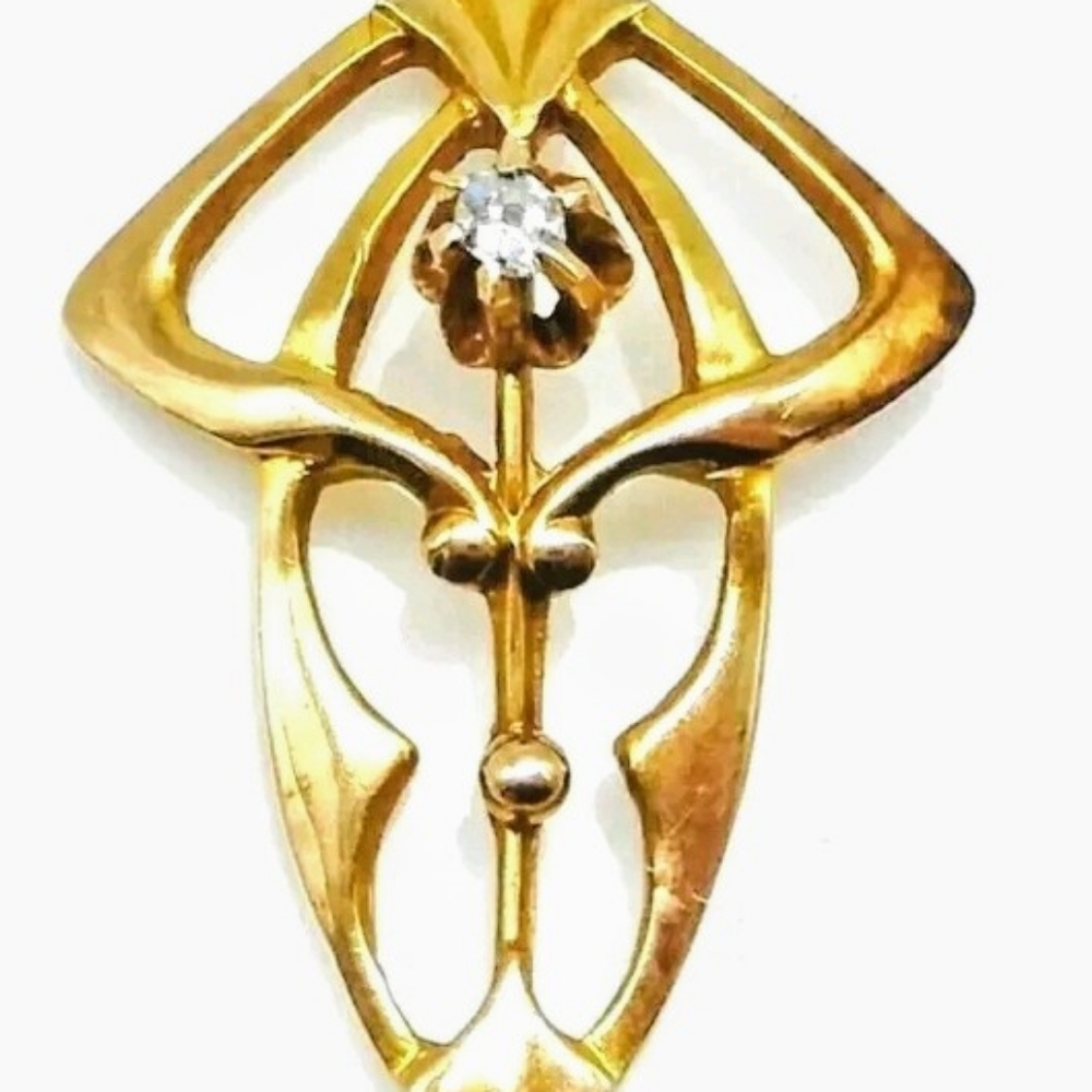 10K Solid Yellow Gold Nouveau Diamond Lavalier Seed Pearl Pendant